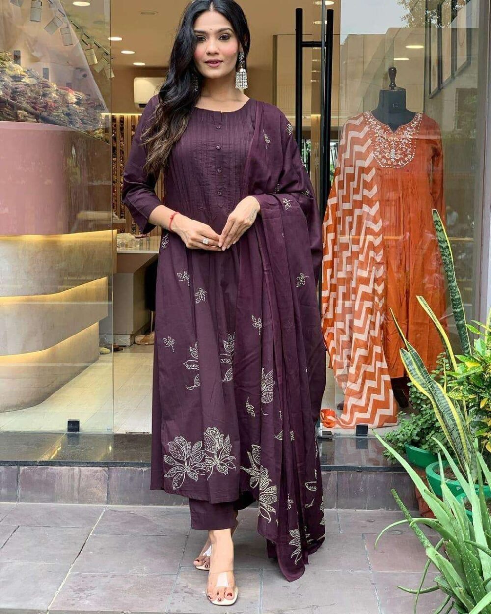 Women's Long Floral Print Kurta with Pant & Dupatta Set - Discharge Printex Style in Black, Green, Purple (M to XXL) - Image 17