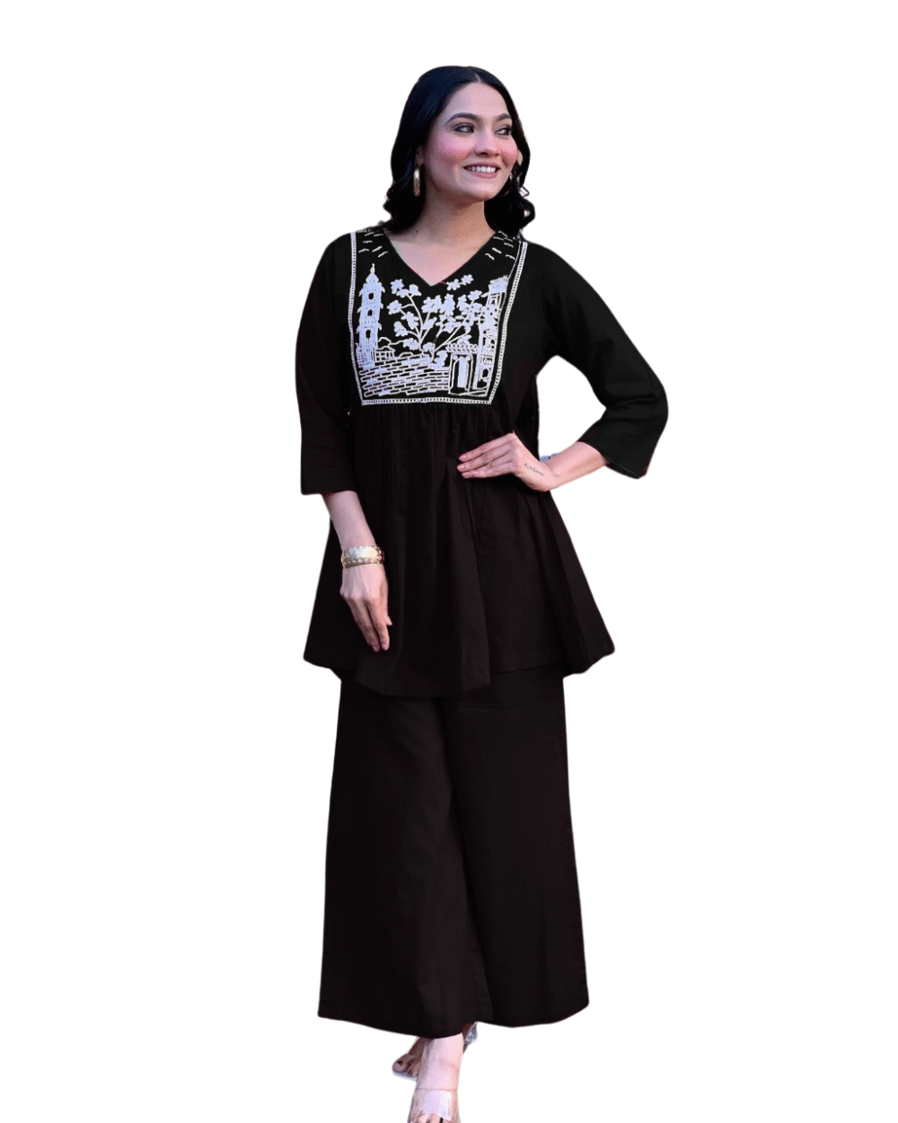 Women's Embroidered Cotton Slub Kurta Pant Set - Black/Orange