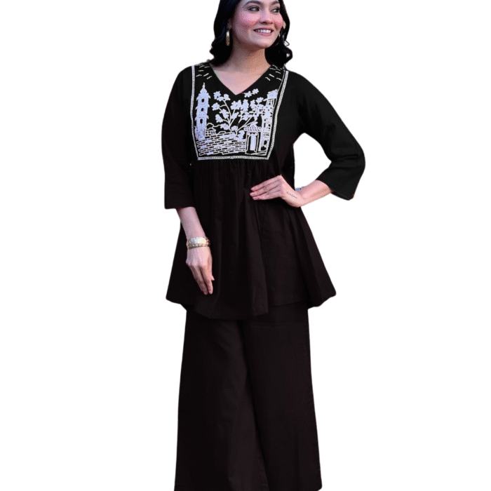 Women's Embroidered Cotton Slub Kurta Pant Set - Black/Orange