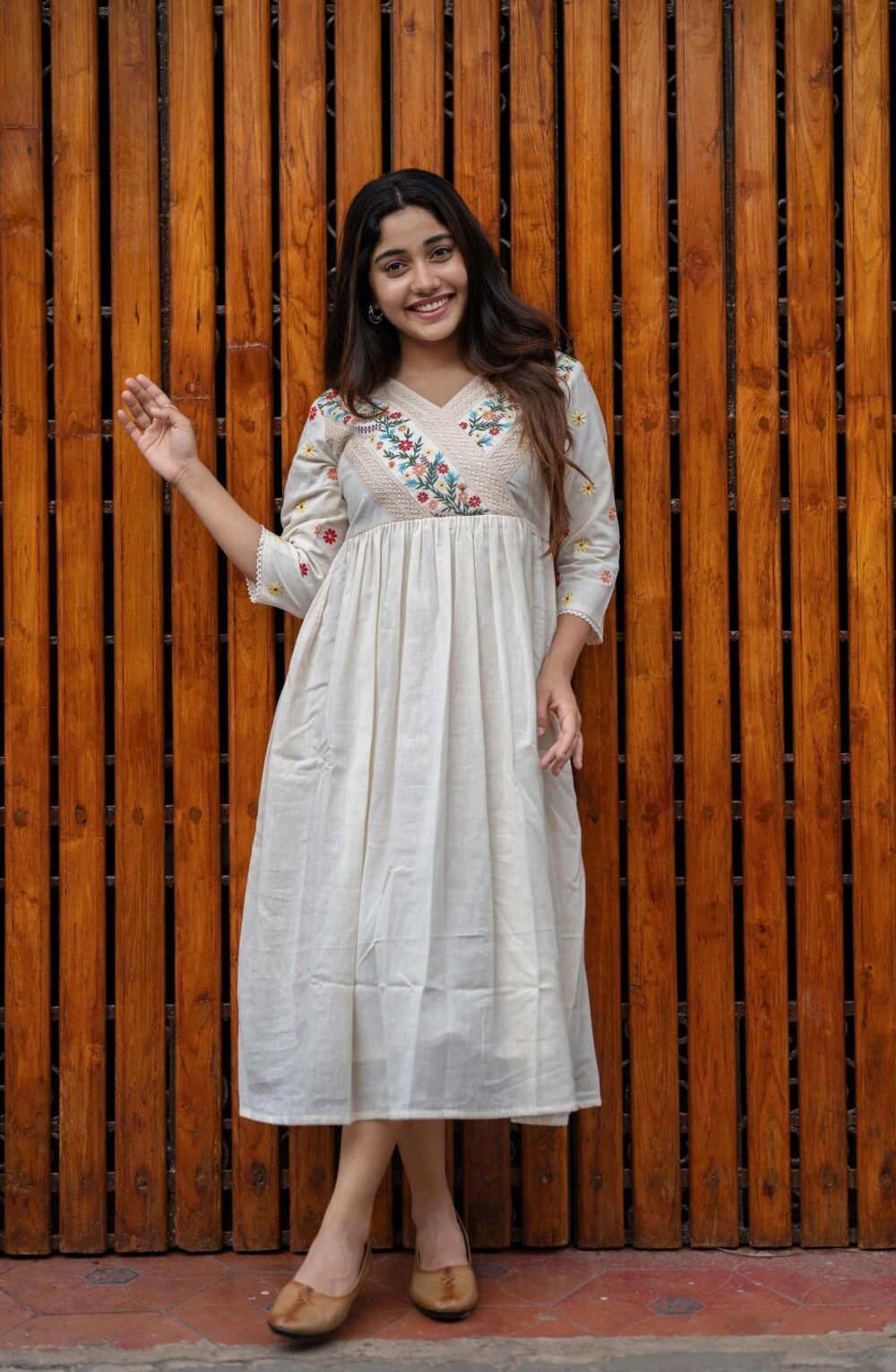 Women's Off-White Embroidered Cotton Anarkali Gown - Flared Ethnic Long Dress (M to XXL) - Image 5