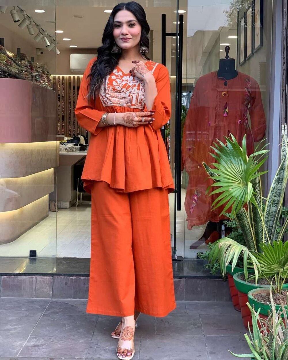 Women's Embroidered Cotton Slub Kurta Pant Set - Black/Orange - Image 12