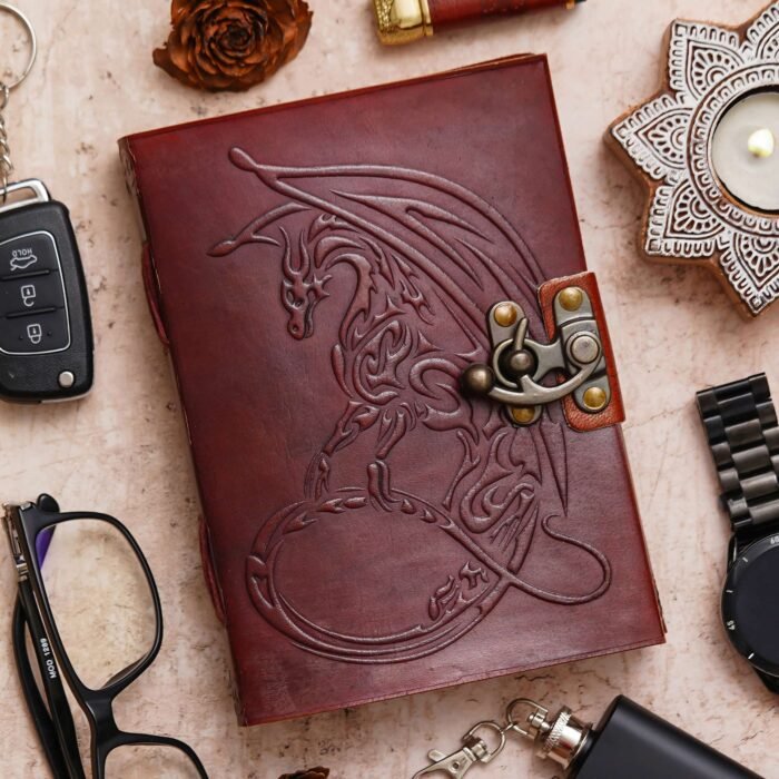 Vintage Handmade Genuine Leather Journal-Premium Antique Lock Closure-200 Handmade White Pages -15
