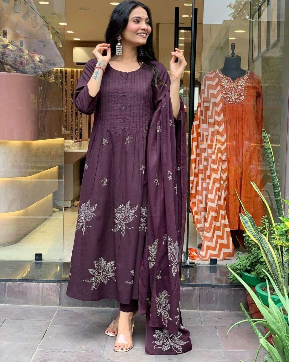 Women's Long Floral Print Kurta with Pant & Dupatta Set - Discharge Printex Style in Black, Green, Purple (M to XXL) - Image 18